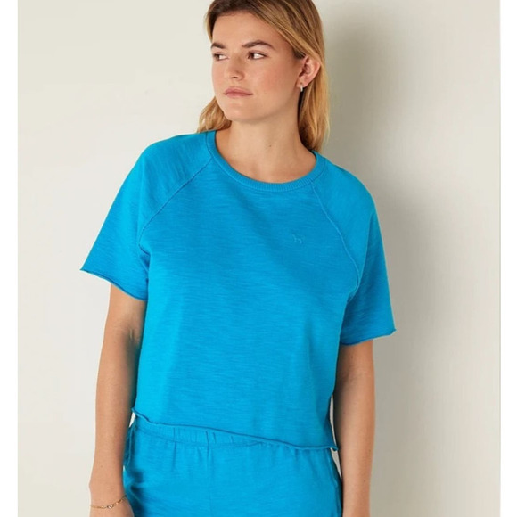 Pink Victoria Secret XXL Oversized Blue Cotton Short Sleeve Cropped T-Shirt - Picture 1 of 9